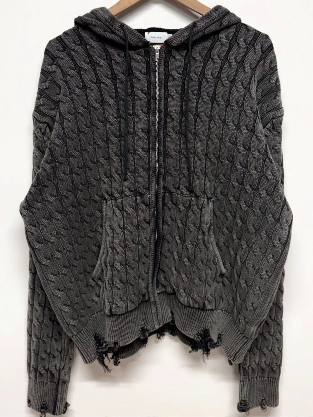 Stolen Arts Distressed Cable Knit Zip Hoodie Gray Size Small NWT